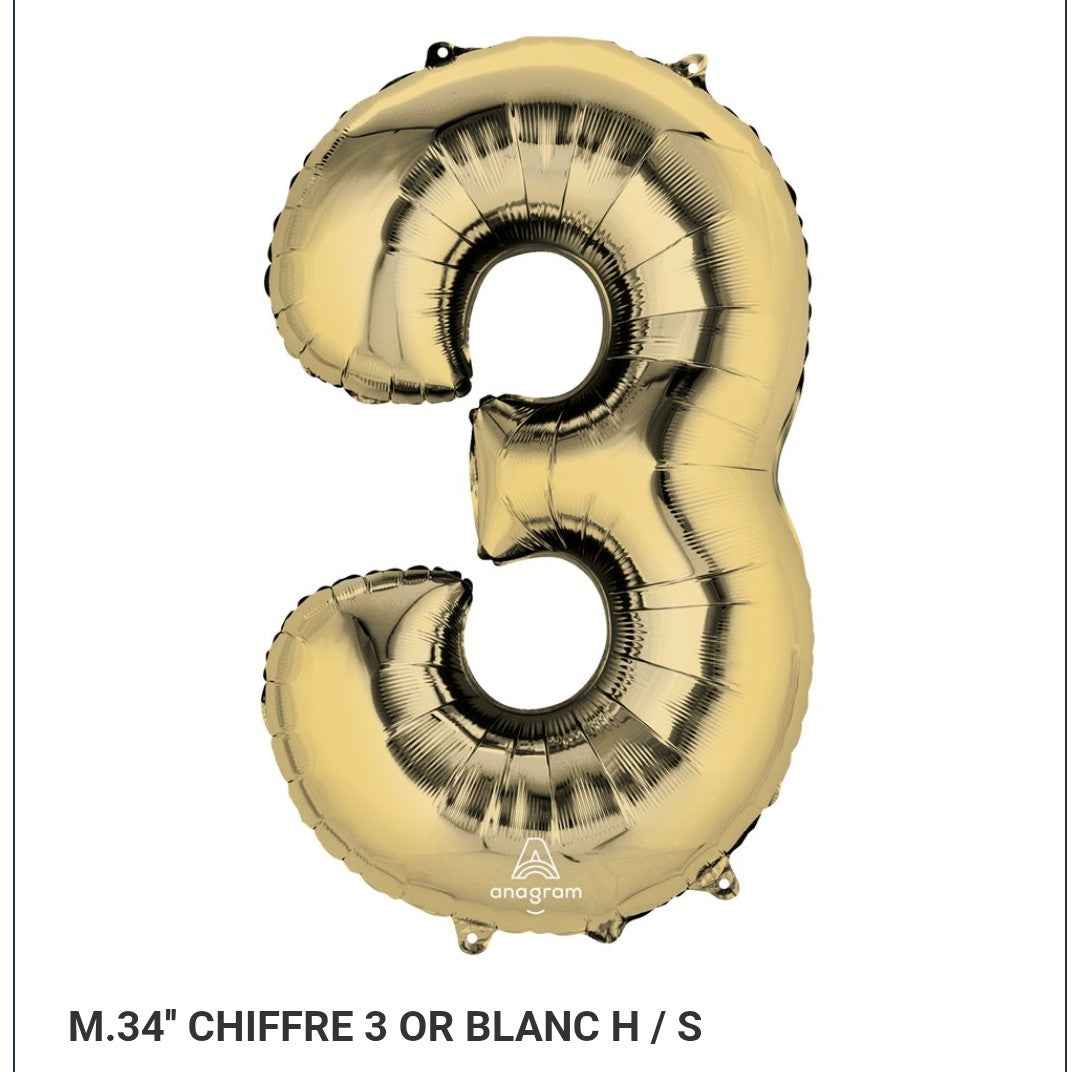Ballon supershape chiffre or blanc 3